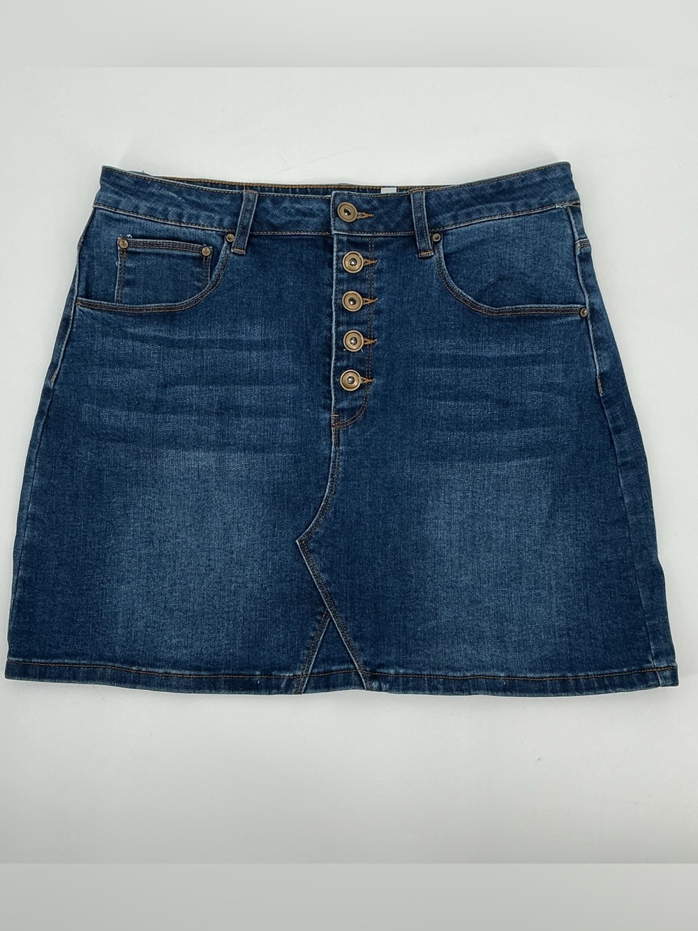 a loves a Ladies Classic High Rise Denim Mini Skirt with Button Front